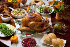 Table full of Thanksgiving foods